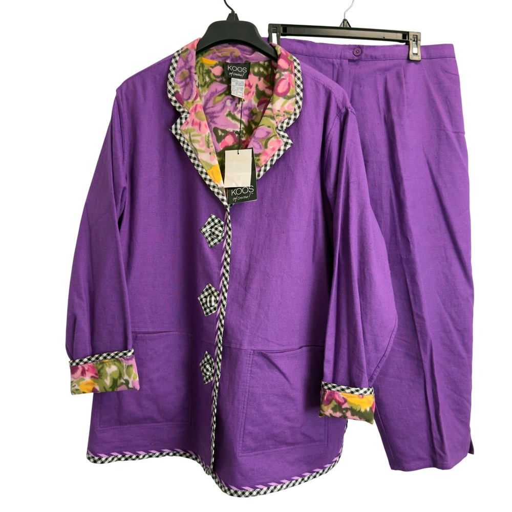 Koos of Course Purple Linen Reversible Floral Jacket Pants Set 1X Made In USA